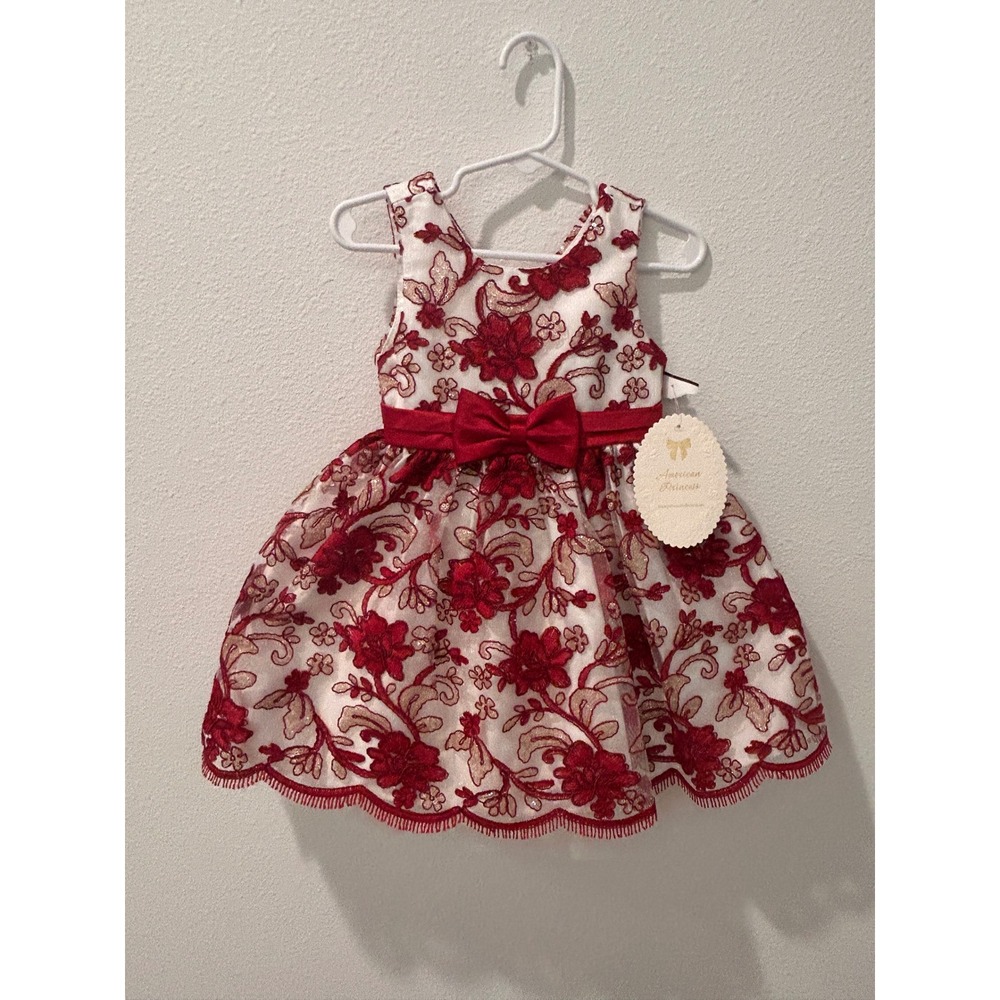 American Princess Girls 2T Red Gold Floral Embroidered Party Dress Bow